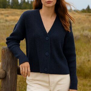 Vince Alpaca Wool Blend Cardigan Sweater Navy Blue Boxy Rib Knit Shaker L NWT